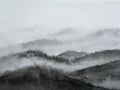 Watercolor ink landscape mountain fog