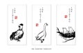 Watercolor ink paint art vector texture illustration avian collection cock dock and fledgling. Translation for the Chinese word :