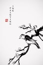 Watercolor ink paint art vector texture illustration plum blossom branch and little bird. Translation for the Chinese word :