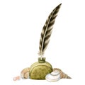 Watercolor inkwell bottle with brown feather with seashells illustration. Ancient vintage gold inkpot for poetry