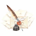Watercolor inkwell with elegant feather pen, envelope sealed and sheets of paper Template writing stationery. Isolated Royalty Free Stock Photo