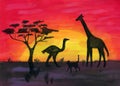 Watercolor inspired by the red sky of an sunset on the African savanna Royalty Free Stock Photo