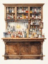 Watercolor interior of a bar counter. Wooden furniture, bottles of alcohol. AI Generated.