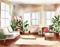 Watercolor of interior of a fully furnished living room for sublet