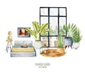 Watercolor interior scene of bedroom in wabi-sabi style, simple living concept