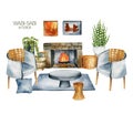 Watercolor interior scene of living room in wabi-sabi style, simple living concept