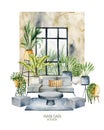 Watercolor interior scene of living room in wabi-sabi style, simple living concept