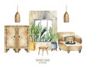 Watercolor interior scene of living room in wabi-sabi style, simple living concept