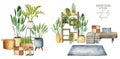 Watercolor interior scenes of bedroom and potted plants in wabi-sabi style