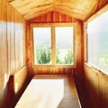 Watercolor of interior of wooden light tiny house with windows to sunny created with Royalty Free Stock Photo