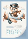 Watercolor invitation card for a baby shower with an illustration of a pilot bear on an airplane. Hello, children s Royalty Free Stock Photo