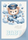 Watercolor invitation card for a baby shower with an illustration of a pilot bear on an airplane. Hello, children s