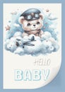 Watercolor invitation card for a baby shower with an illustration of a pilot bear on an airplane. Hello, children s Royalty Free Stock Photo