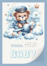 Watercolor invitation card for a baby shower with an illustration of a pilot bear on an airplane. Hello, children s Royalty Free Stock Photo