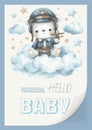 Watercolor invitation card for a baby shower with an illustration of a pilot bear on an airplane. Hello, children s