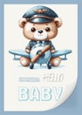 Watercolor invitation card for a baby shower with an illustration of a pilot bear on an airplane. Hello, children s Royalty Free Stock Photo