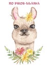 Watercolor invitation poster with cute cartoon llama, possum and flower wreath. Royalty Free Stock Photo