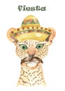 Watercolor invitation poster with cute cartoon llamas, possum, jaguar in headbands. Royalty Free Stock Photo