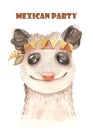 Watercolor invitation poster with cute cartoon llamas, possum, jaguar in headbands.