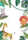 Watercolor invitation with wild animals and jungle leaves. Children hand-drawn illustration