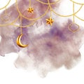 Watercolor Islamic arabian frame with golden crescent moon, stars on a gold chains illustration isolated on purple