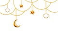 Watercolor Islamic arabian frame with golden crescent moon, stars on a gold chains illustration isolated on white