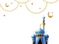 Watercolor Islamic arabian frame with mosque and minaret, golden crescent moon, stars on a gold chains illustration