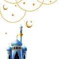 Watercolor Islamic arabian frame with mosque and minaret, golden crescent moon, stars on a gold chains illustration