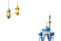 Watercolor Islamic with arabian frame, templates with golden crescent moon illustrations, stars and lanterns, mosque and