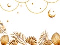 Watercolor Islamic arabian frame, templates with golden crescent moon, stars on a gold chains, golden pampas grass, date