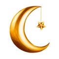 Watercolor Islamic arabian golden crescent moon, star on a gold chain illustration isolated on white background. Muslim