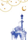 Watercolor Islamic arabian postcard, frame with silhouette of mosque and minaret, golden crescent moon, stars on a gold Royalty Free Stock Photo