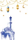 Watercolor Islamic arabian postcard, frame with silhouette of mosque and minaret, golden crescent moon, stars on a gold Royalty Free Stock Photo