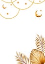 Watercolor Islamic arabian postcard, frame, templates with golden crescent moon, stars on a gold chains, golden pampas