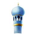 Watercolor Islamic minaret with illustration isolated on white background. Muslim hand drawn holiday Ramadan Kareem or