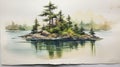 Watercolor Island Sketch With Pine Trees And Hyper-realistic Water