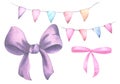 Watercolor isolated decor set: ribbons, a festive garland with a flag on a white background.