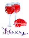 February month. Two goblets of wine and chocolate candies Royalty Free Stock Photo