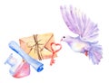 Watercolor isolated set love elements. Letter, envelope, robe, key, bottle, paper, dove bird flying. Valentine`s day Royalty Free Stock Photo