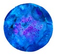 Watercolor isolated spot of a round shape of blue color with pink dots of paint inside and streaks of salt on a white background.
