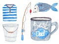 Watercolor isolated vest, fishing rod, fish, father's mud with lettering . Elements for father's day, birthday