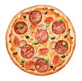 Watercolor Italian pizza. Beef snack with salami, olive, sausage, cheese, bacon and vegetables. Hand drawn fast food. Design for