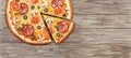 Watercolor Italian pizza on wooden background. Beef snack with salami, olive, sausage, cheese, mushroom, bacon and vegetables.