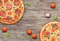 Watercolor Italian pizza on wooden background. Beef snack with salami, olive, sausage, cheese, mushroom, bacon and vegetables.