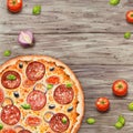 Watercolor Italian pizza  on wooden background. Beef snack with salami, olive,  sausage, cheese, mushroom, bacon and vegetables. Royalty Free Stock Photo