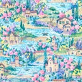 Watercolor Italian summer landscape seamless pattern