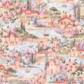 Watercolor Italian summer landscape seamless pattern