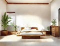 Watercolor of Japandi Style Master Bedroom Interior Design