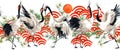 Watercolor Japanese crane bird seamless pattern