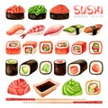 Watercolor japanese food set of sushi, rolls, pickled ginger, soy sauce, wasabi and chopsticks